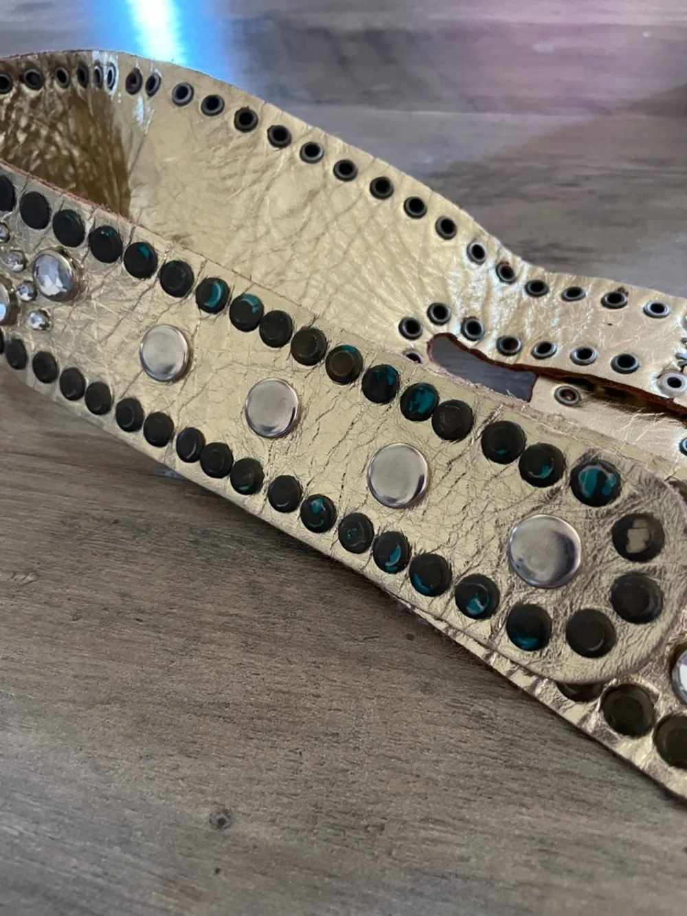Western Rhinestone studded Gold metallic Grommet Cowgirl Rodeo Belt Snap close